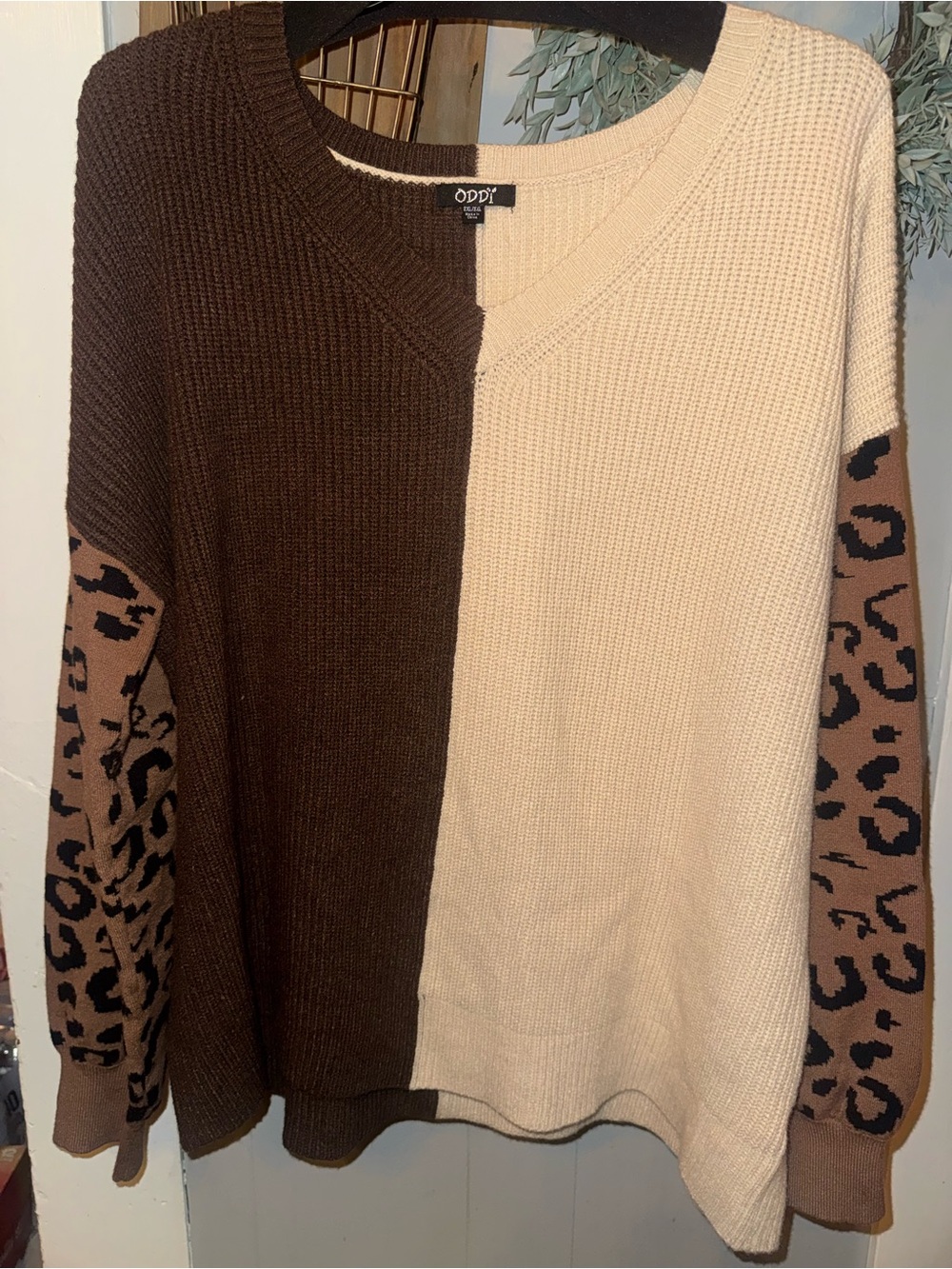 Two-Tone Brown and Cream Leopard Sleeve Sweater